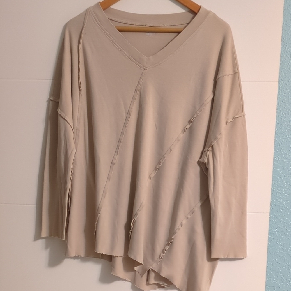 Planet By Lauren G. Pima Cotton Asymmetrical Women's Cream V-Neck Boho Top